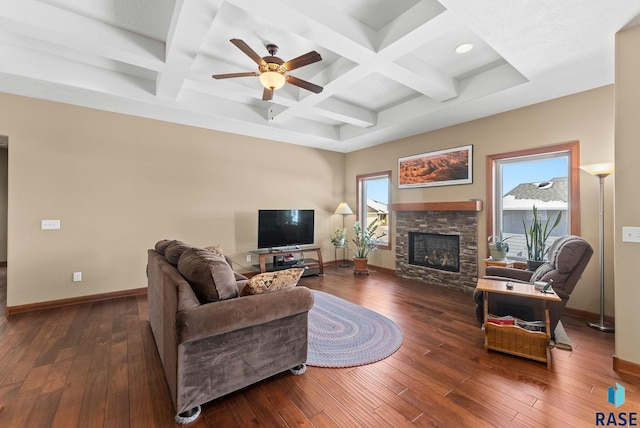 living room with a healthy amount of sunlight, hardwood / wood-style flooring, baseboards, and a stone fireplace