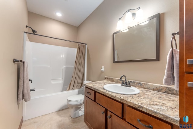 bathroom featuring toilet, vanity, and shower / bathtub combination with curtain