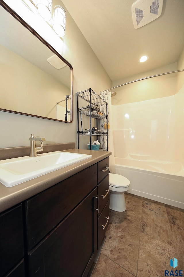 bathroom with recessed lighting, bathtub / shower combination, visible vents, toilet, and vanity