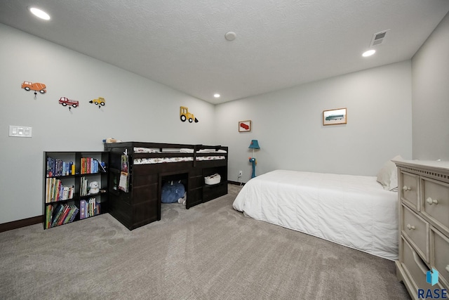 bedroom featuring recessed lighting, visible vents, baseboards, and light colored carpet