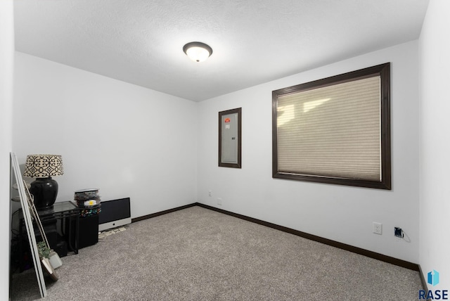 empty room featuring carpet, electric panel, a textured ceiling, and baseboards