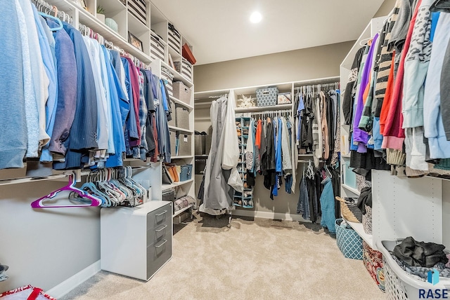 walk in closet with light carpet