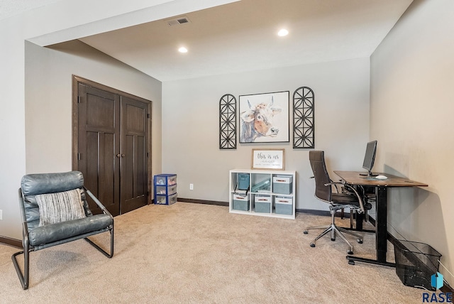 office area with carpet floors, recessed lighting, visible vents, and baseboards