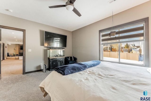 bedroom with light carpet, visible vents, a ceiling fan, baseboards, and access to outside