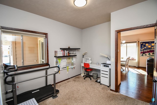 office area with light colored carpet and baseboards