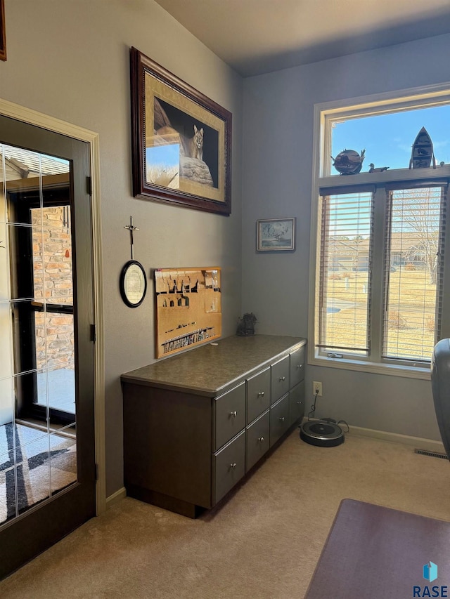 interior space featuring baseboards, a wealth of natural light, and light colored carpet