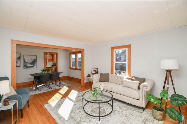 living room with baseboards and wood finished floors