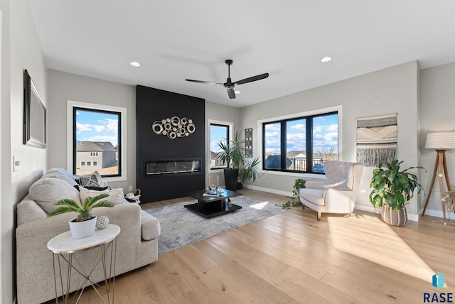 living room featuring a fireplace, wood finished floors, and baseboards