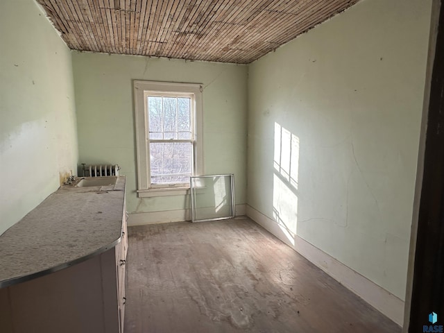 unfurnished room featuring wooden ceiling and radiator heating unit