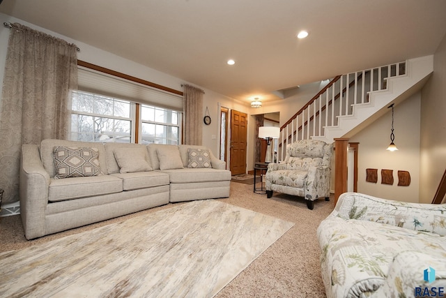 living room with carpet, stairway, and recessed lighting