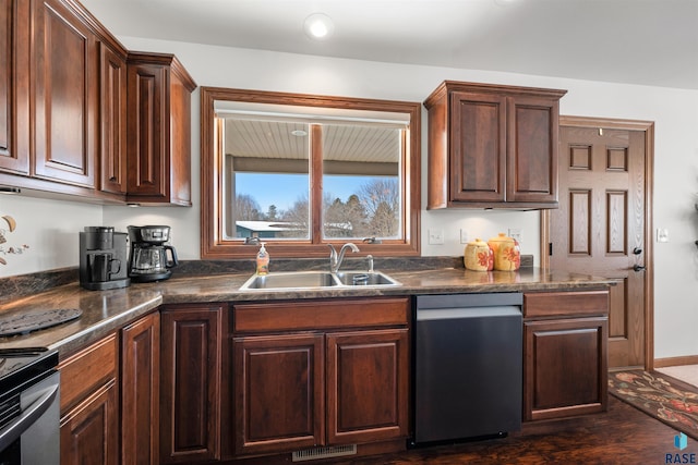 kitchen featuring visible vents, dishwasher, electric stove, dark countertops, and a sink