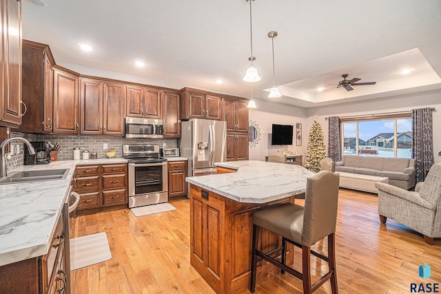 kitchen with light wood finished floors, stainless steel appliances, a raised ceiling, open floor plan, and a sink