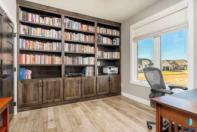 office with light wood-type flooring, a wealth of natural light, and baseboards