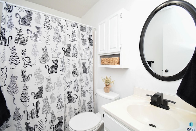 bathroom featuring a shower with curtain, vanity, and toilet