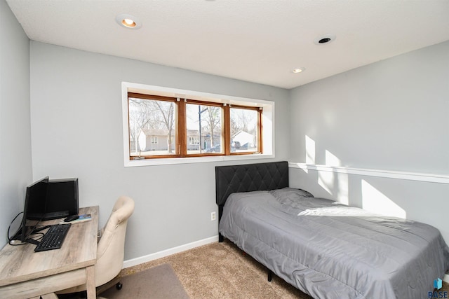 bedroom with recessed lighting, carpet flooring, and baseboards