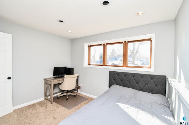 bedroom with recessed lighting, carpet flooring, and baseboards