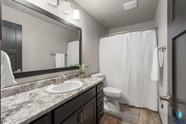 bathroom featuring a shower with shower curtain, vanity, toilet, and wood finished floors