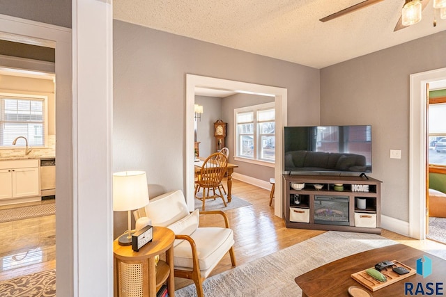 living area with light wood-style floors, plenty of natural light, a textured ceiling, and baseboards