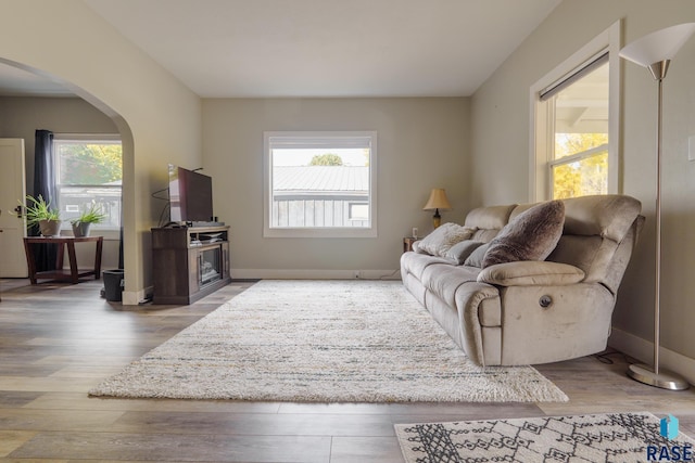 living area with baseboards, arched walkways, and wood finished floors