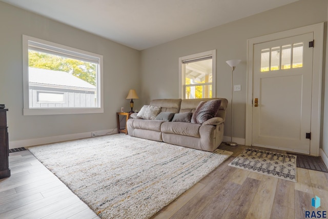 living room with baseboards and wood finished floors