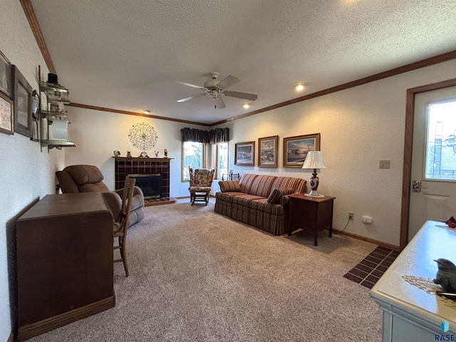 living room with a wealth of natural light, carpet, and a textured wall