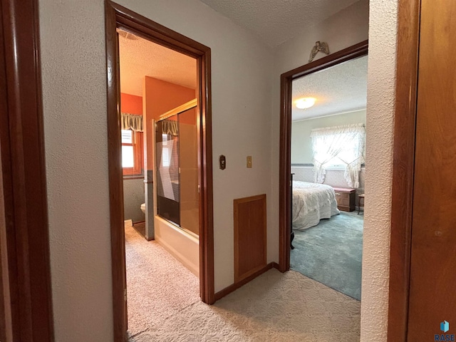 hall with light colored carpet, a textured wall, and a textured ceiling