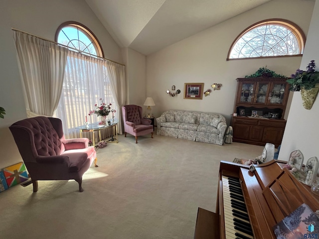 living area with carpet floors and high vaulted ceiling