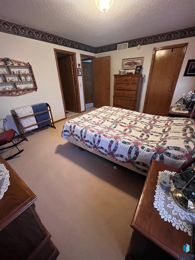 carpeted bedroom with visible vents, a textured ceiling, and two closets