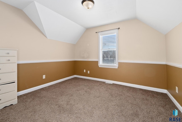 additional living space featuring carpet floors, baseboards, and vaulted ceiling