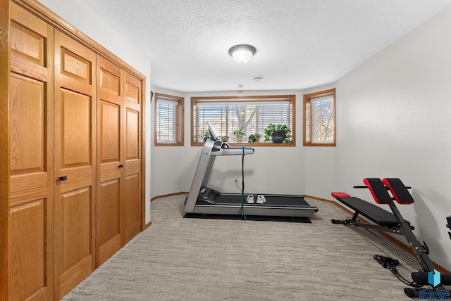 exercise area featuring a textured ceiling, carpet floors, and baseboards