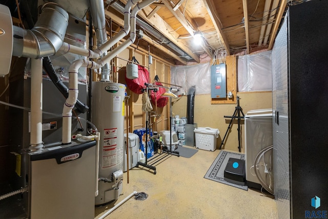 unfinished basement with gas water heater and electric panel