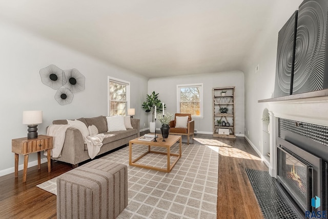 living room featuring a fireplace, baseboards, and wood finished floors