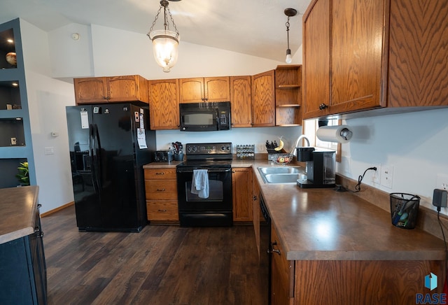 kitchen featuring lofted ceiling, open shelves, dark wood-style flooring, black appliances, and brown cabinetry