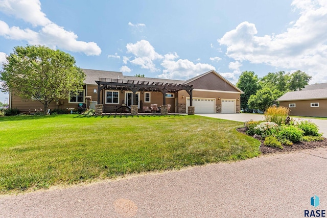 view of front of home featuring a pergola, a garage, stone siding, driveway, and a front lawn