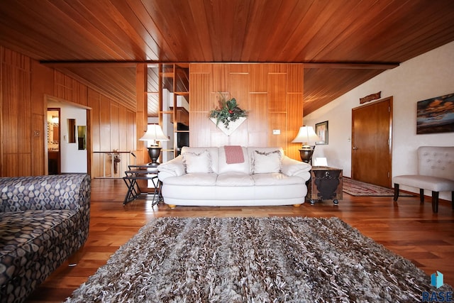 living area featuring lofted ceiling, wooden ceiling, wood finished floors, and wood walls