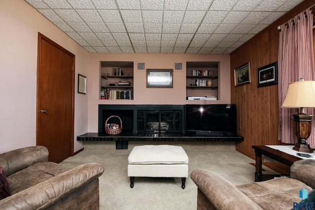 living room with built in features, carpet, and wood walls