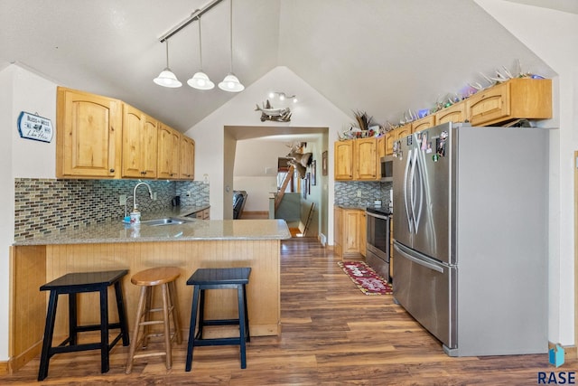 kitchen with lofted ceiling, a peninsula, dark wood-style flooring, a sink, and appliances with stainless steel finishes