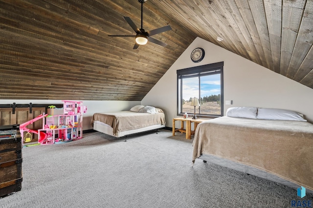 carpeted bedroom with lofted ceiling, wood ceiling, and ceiling fan