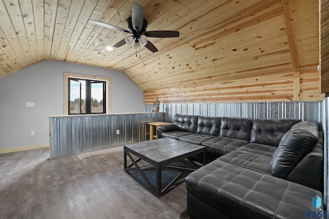 unfurnished living room featuring lofted ceiling, wood finished floors, wood ceiling, baseboards, and a ceiling fan