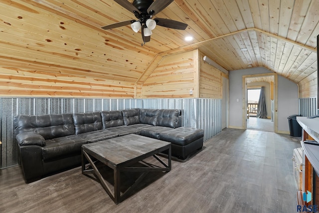 living room with lofted ceiling, wood ceiling, ceiling fan, and wood finished floors