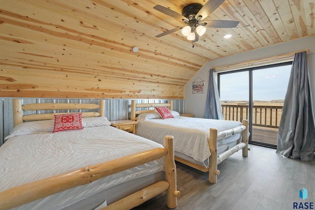 bedroom with access to outside, wooden ceiling, vaulted ceiling, and wood finished floors