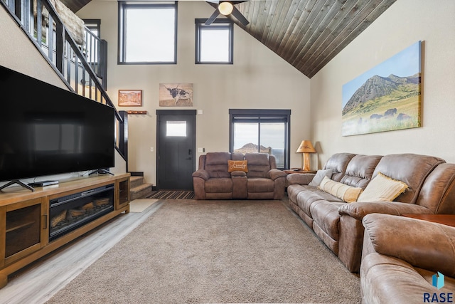 carpeted living room featuring high vaulted ceiling, wood finished floors, and a ceiling fan