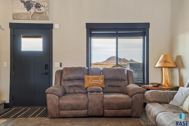 living room featuring carpet flooring and a mountain view