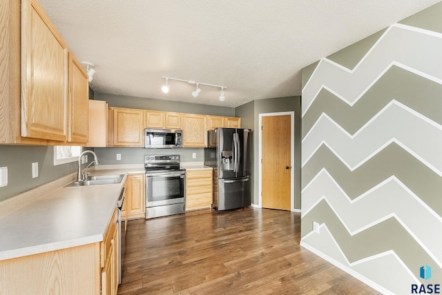 kitchen with a sink, light countertops, appliances with stainless steel finishes, light brown cabinetry, and dark wood finished floors