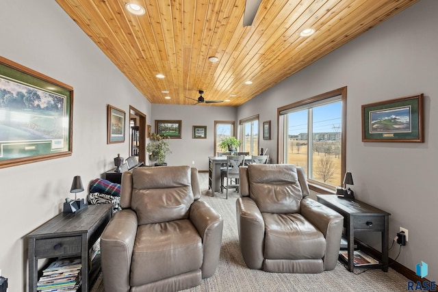 8501 E Torchwood Pl, Sioux Falls, SD 57110 - carpeted living room with a ceiling fan, recessed lighting, wooden ceiling, and baseboards