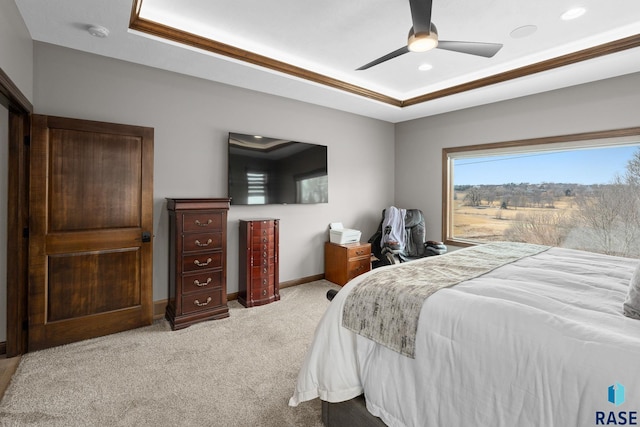 8501 E Torchwood Pl, Sioux Falls, SD 57110 - bedroom featuring ceiling fan, baseboards, a raised ceiling, and light colored carpet