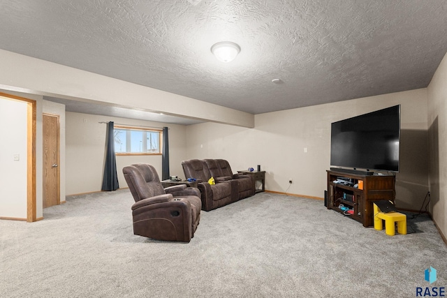 carpeted living room featuring a textured ceiling and baseboards