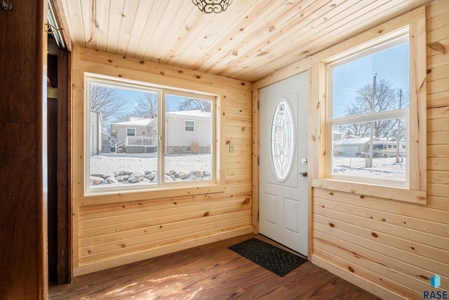 doorway to outside featuring dark wood-style flooring, wood walls, and wood ceiling