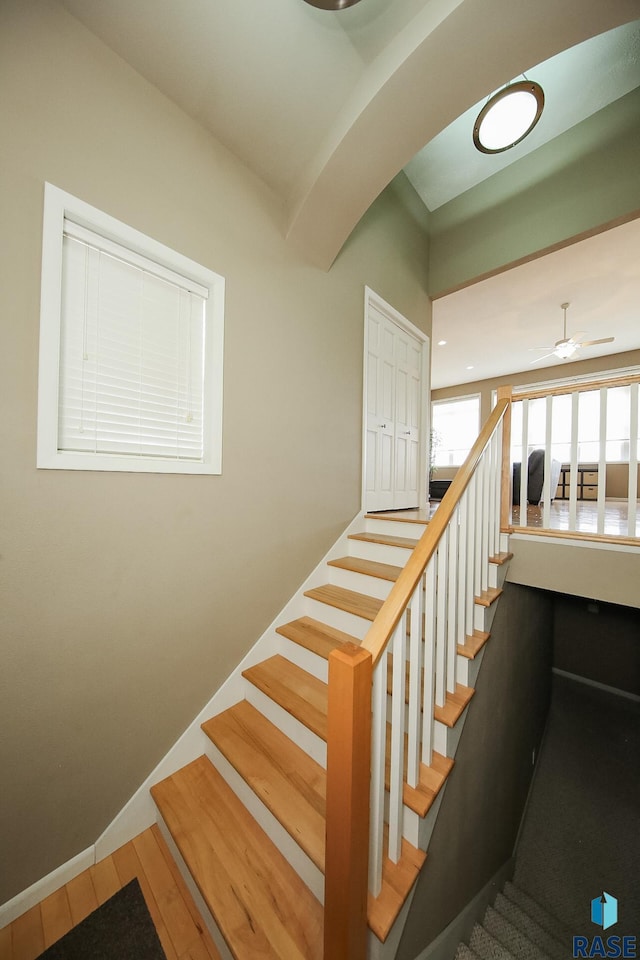 stairway with a ceiling fan, baseboards, and wood finished floors