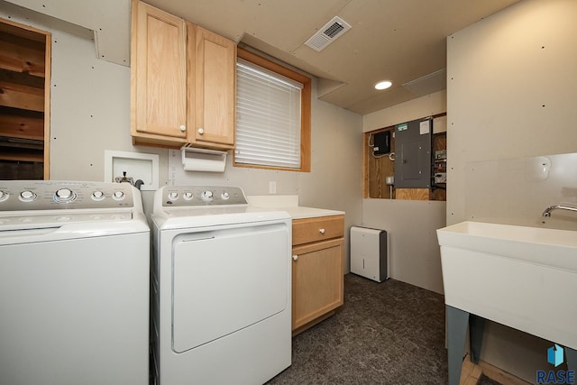 clothes washing area with washer and clothes dryer, visible vents, cabinet space, a sink, and electric panel